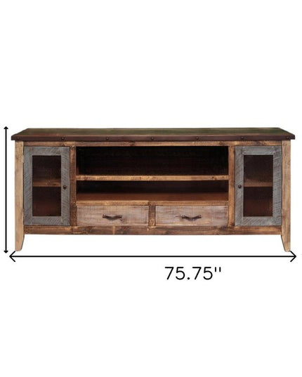 76" Brown Solid Wood Cabinet Enclosed Storage Distressed TV Stand