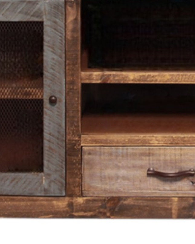 76" Brown Solid Wood Cabinet Enclosed Storage Distressed TV Stand