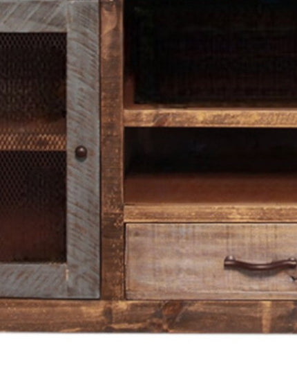 76" Brown Solid Wood Cabinet Enclosed Storage Distressed TV Stand