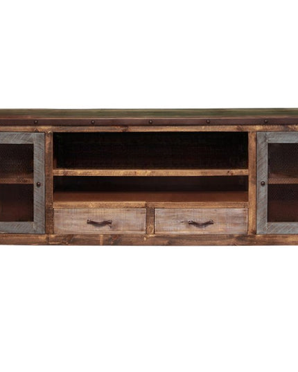 76" Brown Solid Wood Cabinet Enclosed Storage Distressed TV Stand