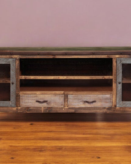 76" Brown Solid Wood Cabinet Enclosed Storage Distressed TV Stand