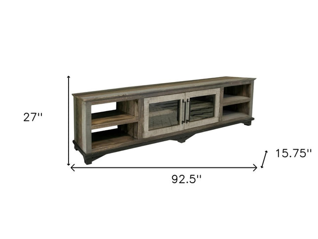 93" Brown Solid Wood Cabinet Enclosed Storage Distressed TV Stand