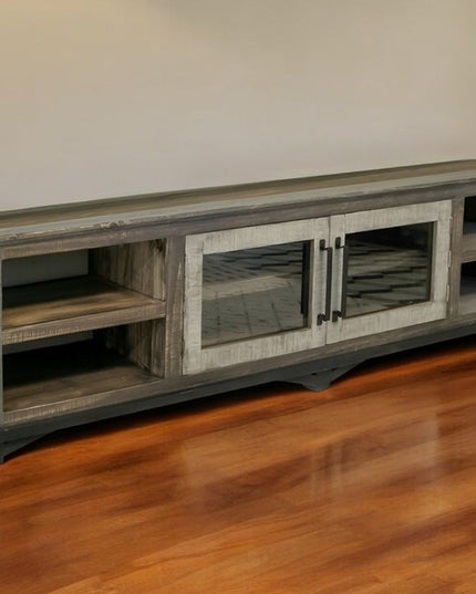 93" Brown Solid Wood Cabinet Enclosed Storage Distressed TV Stand