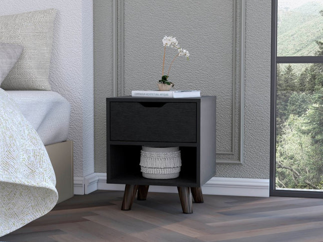 19" Black Wood One Drawer Nightstand