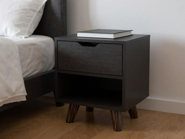 19" Black Wood One Drawer Nightstand