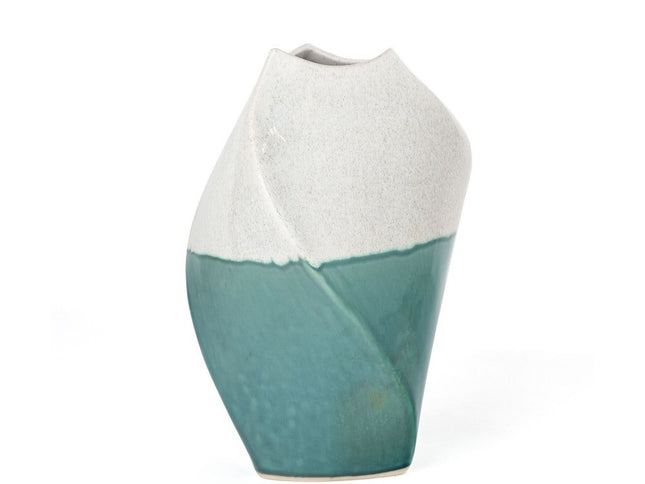 12" Green and Ivory Ombre Wavy Ceramic Table Vase