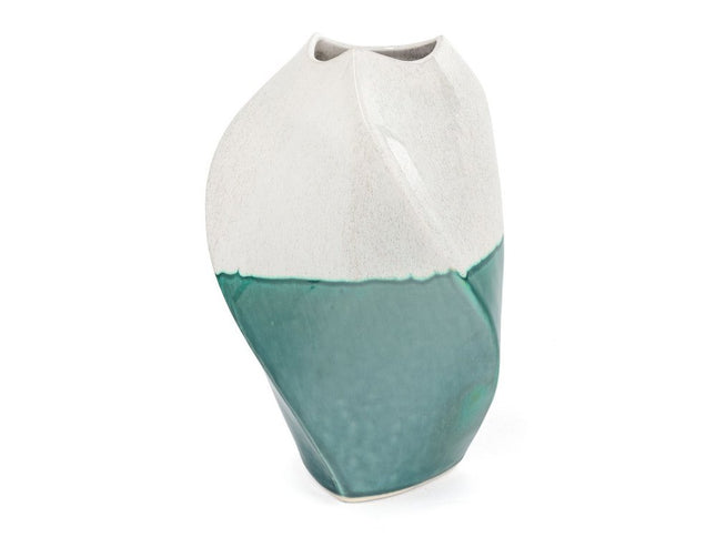 12" Green and Ivory Ombre Wavy Ceramic Table Vase