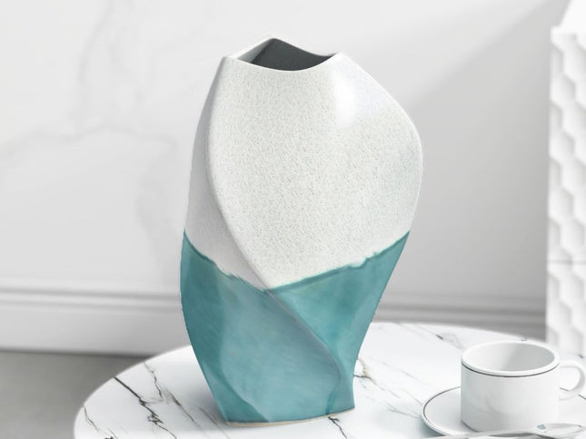 12" Green and Ivory Ombre Wavy Ceramic Table Vase