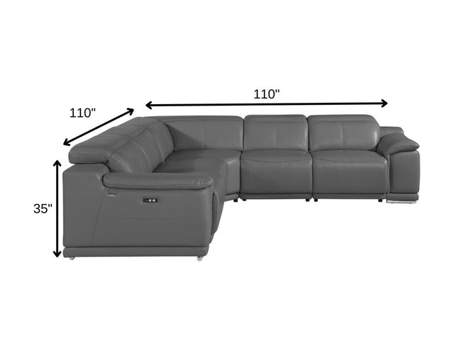 Gray Italian Leather Power Reclining U Shaped Five Piece Corner Sectional With Console