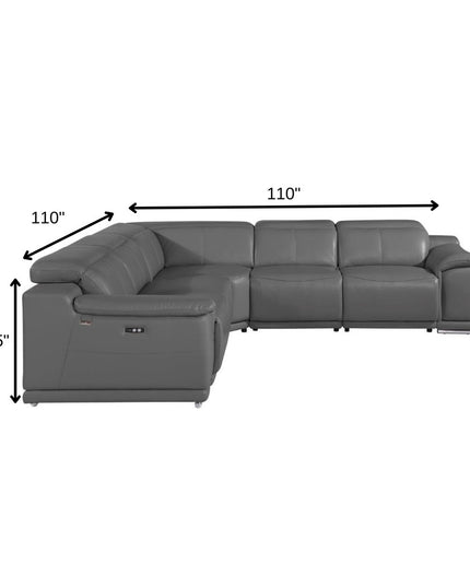 Gray Italian Leather Power Reclining U Shaped Five Piece Corner Sectional With Console