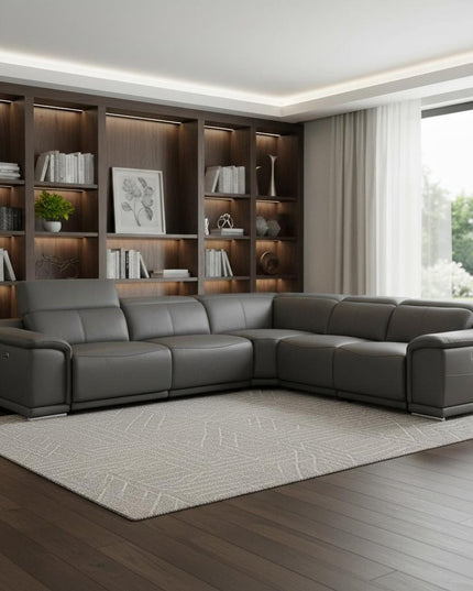 Gray Italian Leather Power Reclining U Shaped Five Piece Corner Sectional With Console