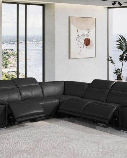 Black Italian Leather Modular L Shaped Five Piece Corner Sectional