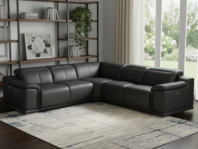 Black Italian Leather Modular L Shaped Five Piece Corner Sectional