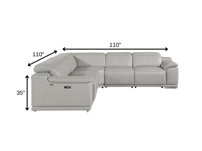 Light Gray Italian Leather Power Reclining U Shaped Five Piece Corner Sectional With Console