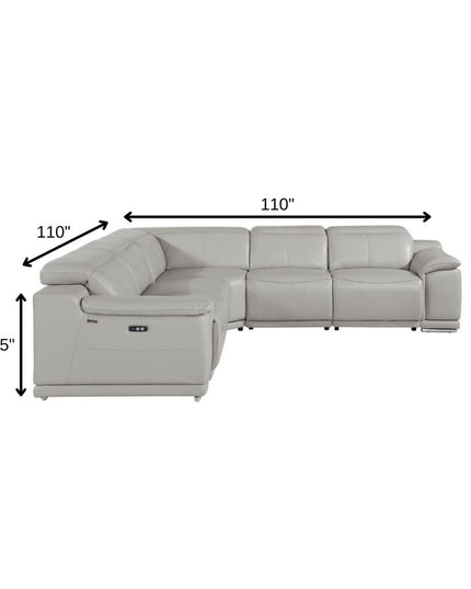 Light Gray Italian Leather Power Reclining U Shaped Five Piece Corner Sectional With Console