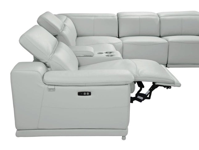Light Gray Italian Leather Power Reclining U Shaped Five Piece Corner Sectional With Console
