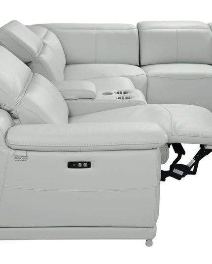Light Gray Italian Leather Power Reclining U Shaped Five Piece Corner Sectional With Console