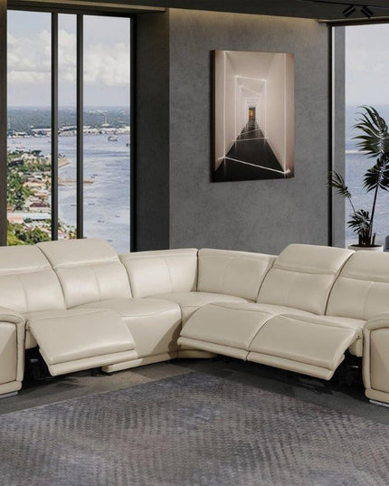 Beige Italian Leather Power Reclining U Shaped Five Piece Corner Sectional With Console