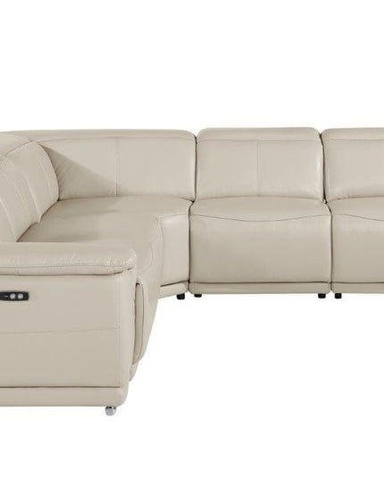 Beige Italian Leather Power Reclining U Shaped Five Piece Corner Sectional With Console