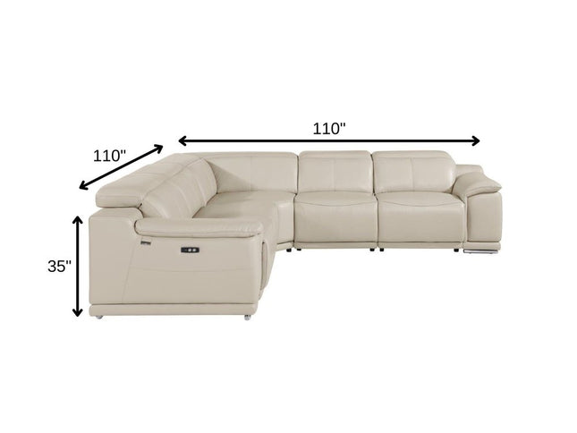 Beige Italian Leather Power Reclining U Shaped Five Piece Corner Sectional With Console