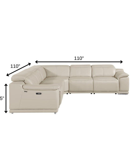 Beige Italian Leather Power Reclining U Shaped Five Piece Corner Sectional With Console