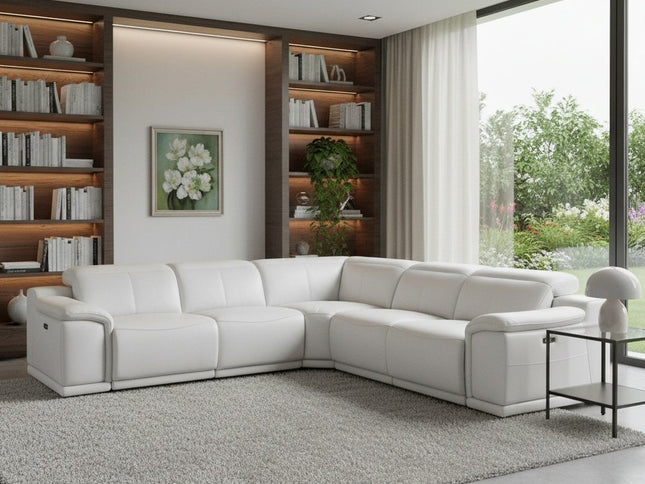 White Italian Leather Power Reclining L Shaped Five Piece Corner Sectional