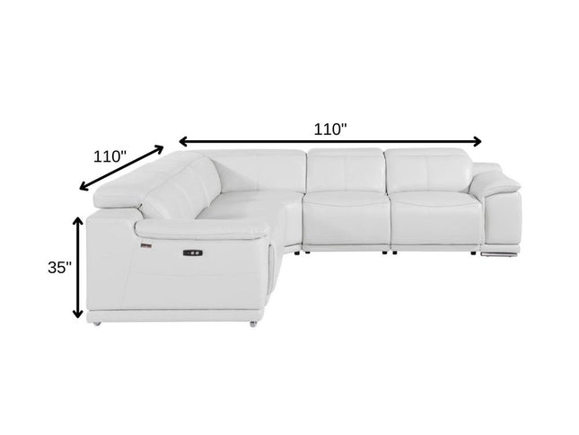 White Italian Leather Power Reclining L Shaped Five Piece Corner Sectional
