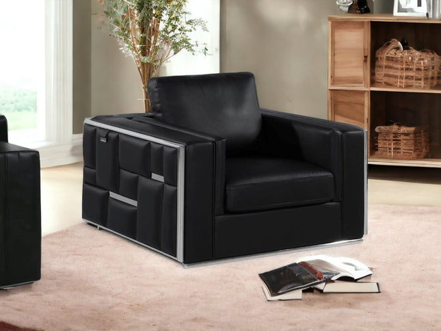 47" Black And Silver Top Grain Leather Club Chair
