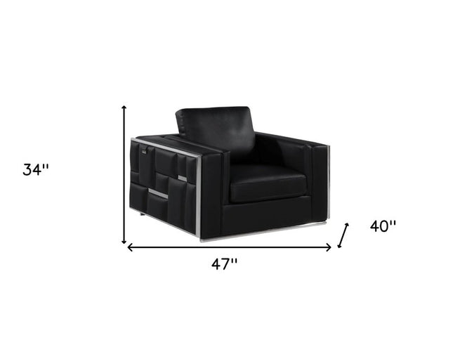 47" Black And Silver Top Grain Leather Club Chair