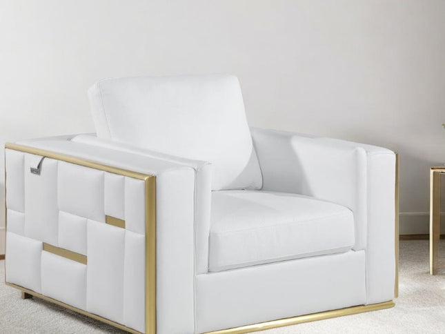 47" White And Gold Top Grain Leather Club Chair