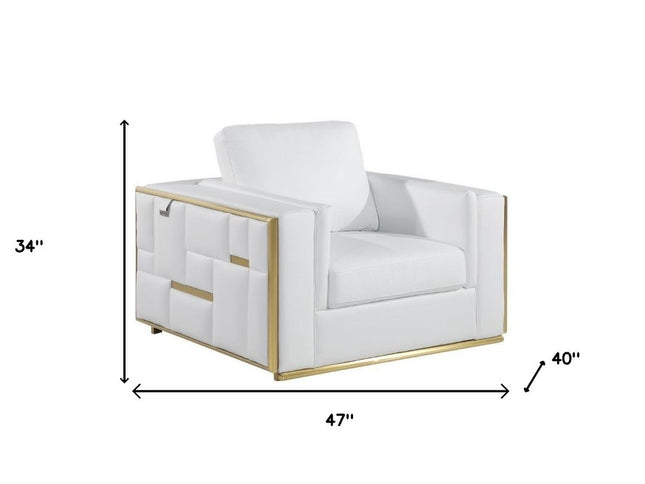 47" White And Gold Top Grain Leather Club Chair