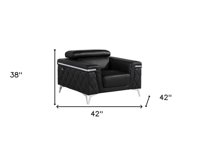 42" Black And Silver Top Grain Leather Club Chair