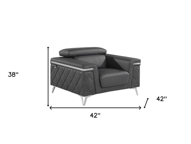 42" Gray And Silver Top Grain Leather Club Chair