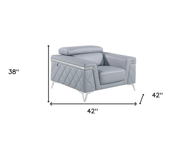 42" Light Gray And Silver Top Grain Leather Club Chair