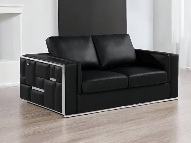 73" Black And Silver Metallic Top Grain Leather Loveseat