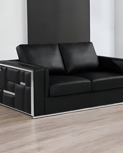 73" Black And Silver Metallic Top Grain Leather Loveseat