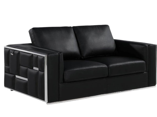73" Black And Silver Metallic Top Grain Leather Loveseat