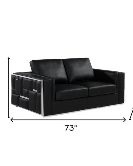 73" Black And Silver Metallic Top Grain Leather Loveseat