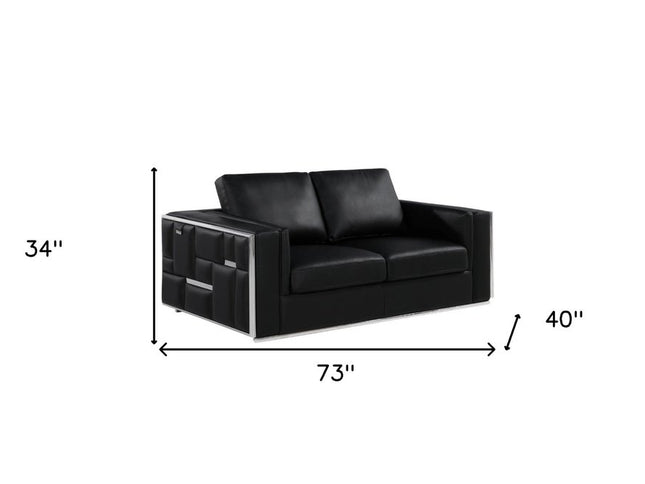 73" Black And Silver Metallic Top Grain Leather Loveseat