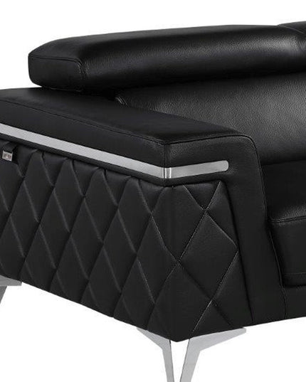 70" Black And Silver Metallic Top Grain Leather Loveseat