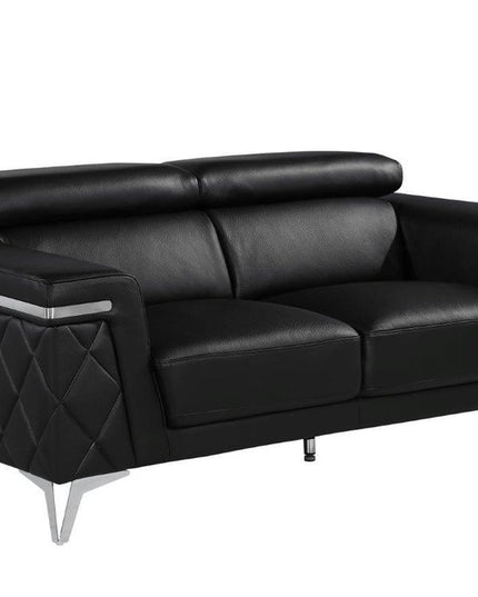 70" Black And Silver Metallic Top Grain Leather Loveseat