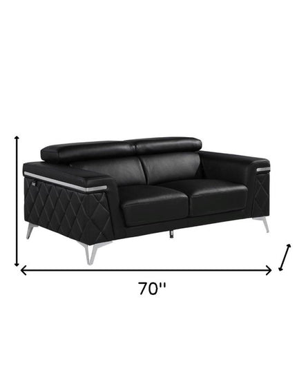 70" Black And Silver Metallic Top Grain Leather Loveseat