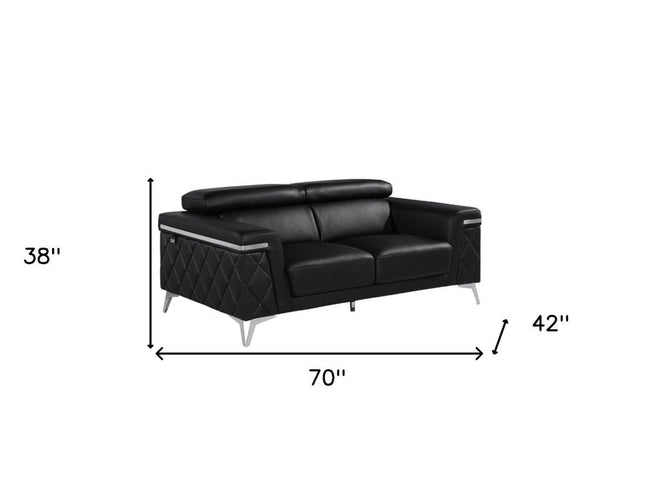 70" Black And Silver Metallic Top Grain Leather Loveseat