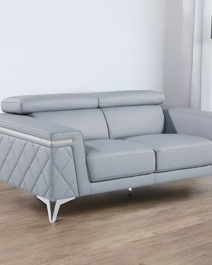 70" Light Blue And Silver Metallic Top Grain Leather Loveseat