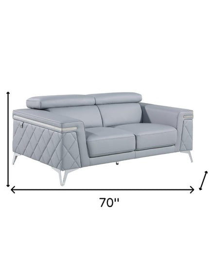 70" Light Blue And Silver Metallic Top Grain Leather Loveseat