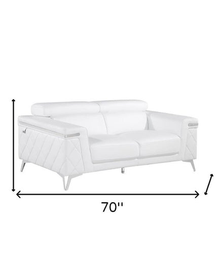 70" White And Silver Metallic Top Grain Leather Loveseat
