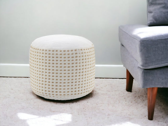 18" White Jute Blend Round Geometric Pouf Ottoman