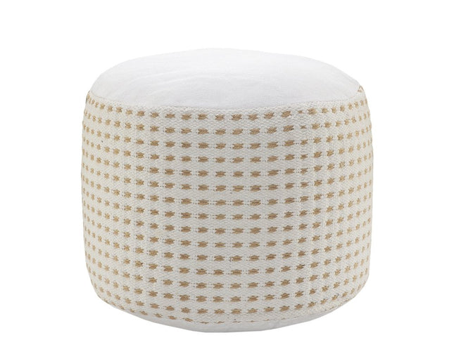 18" White Jute Blend Round Geometric Pouf Ottoman
