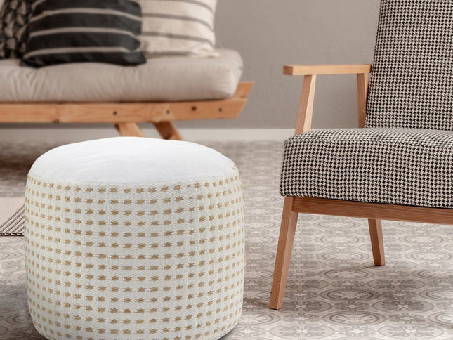 18" White Jute Blend Round Geometric Pouf Ottoman
