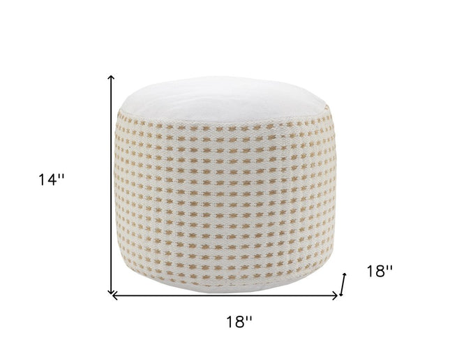 18" White Jute Blend Round Geometric Pouf Ottoman